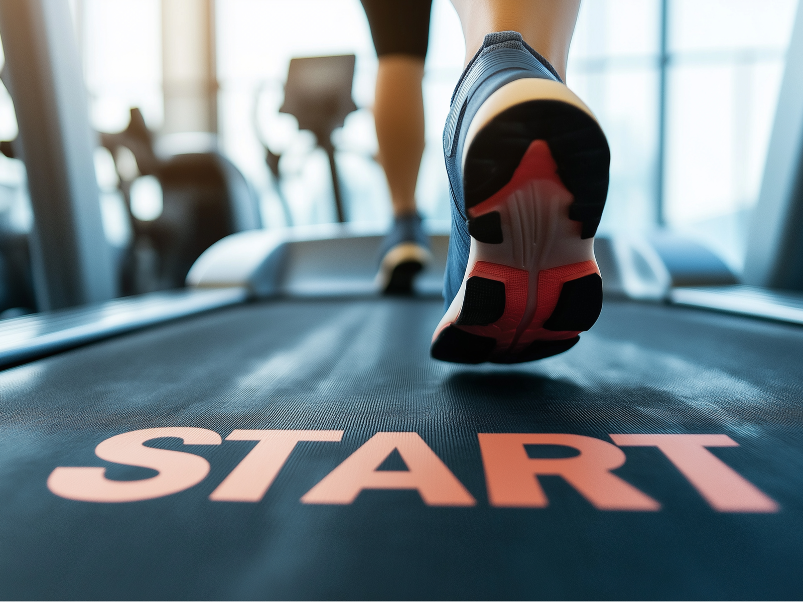 Chaussure de course sur tapis roulant avec marquage START - concept d'objectifs fitness